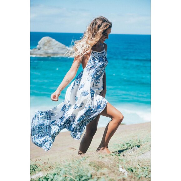 NWT SPELL Hotel Paradiso Strappy Maxi in Bluebird Print A-line Tank Dress S - Picture 1 of 9